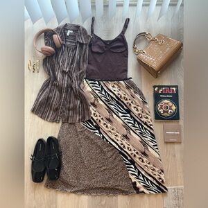 Mixed Brown Animal-Print Midi Slip Skirt